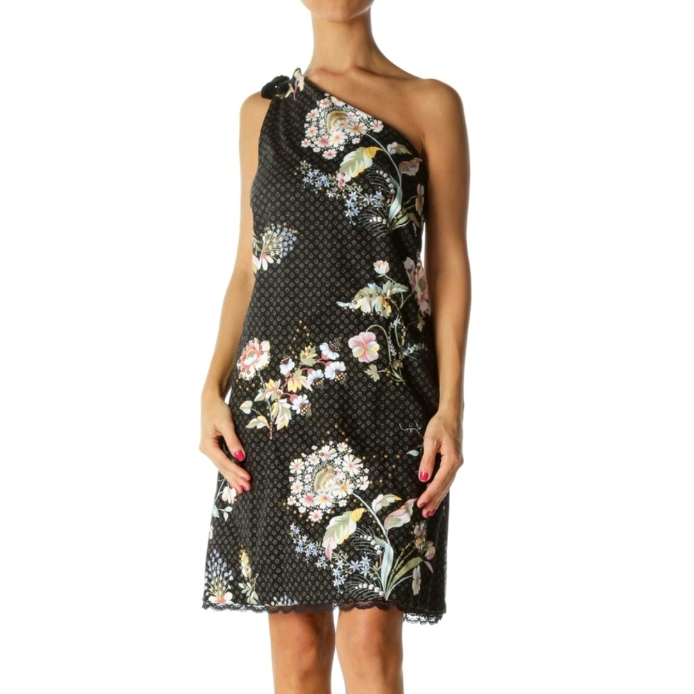 Anthropologie Maeve Ashbury Black Floral Studded One Shoulder Dress